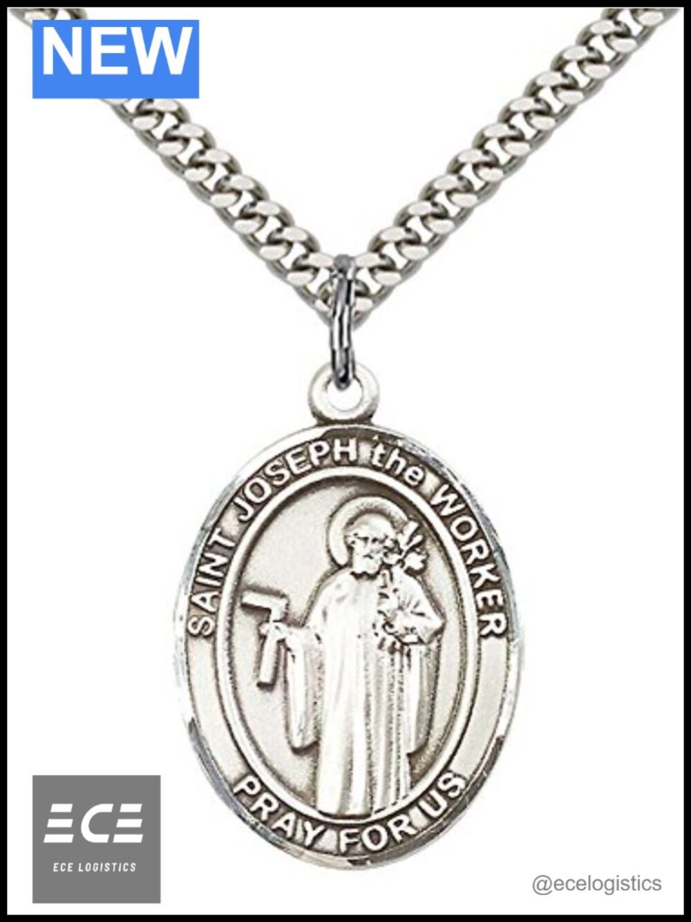 Sterling Silver St Joseph Worker Pendant 24" Stainless Steel Curb Chain